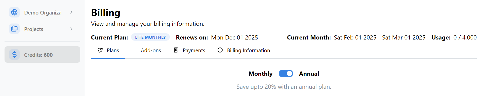 Navigable AI Billing Page Header With Active Plan