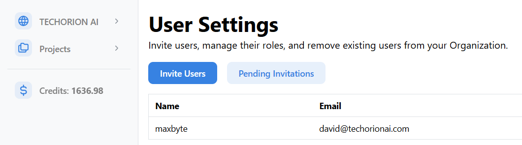 User Settings Page Pending Invites Button