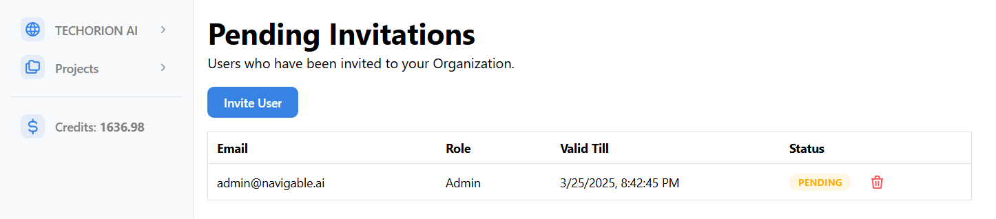 User Settings Page Pending Invites Page