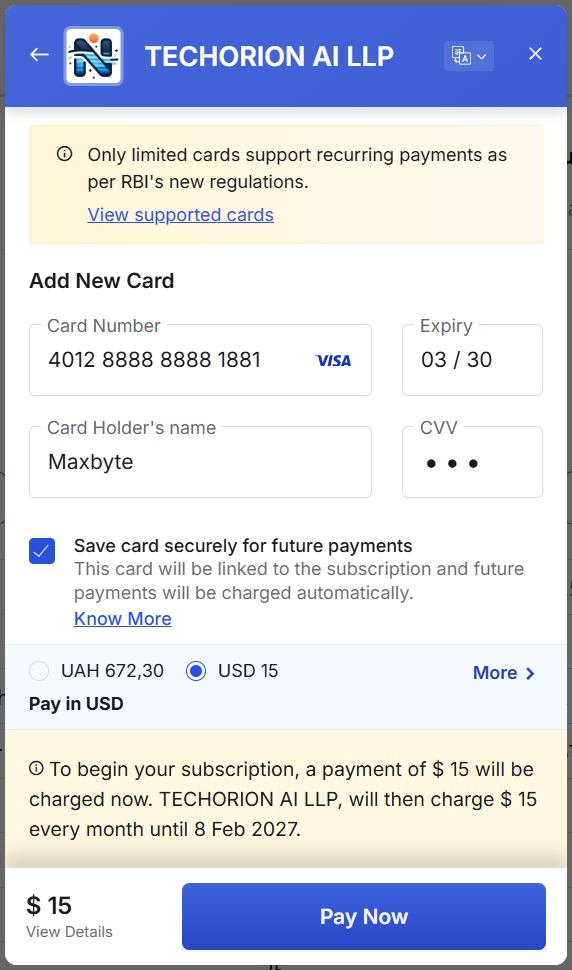 Navigable AI Billing Page Razorpay Payment Form