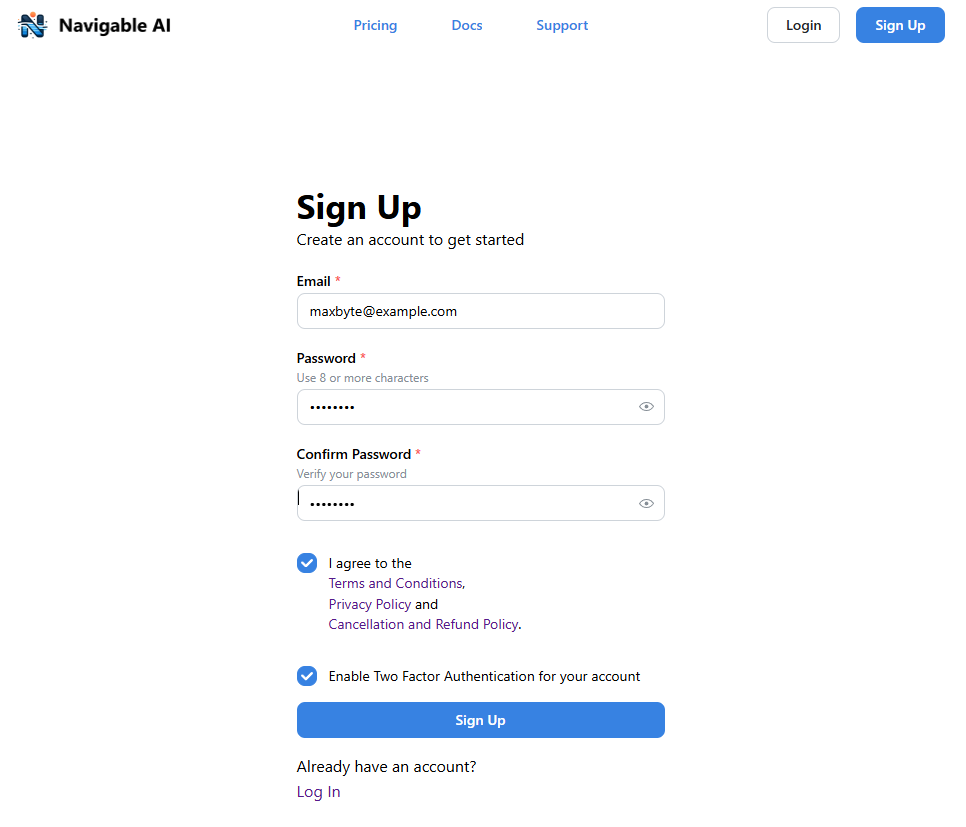 Navigable AI sign-up page filled details