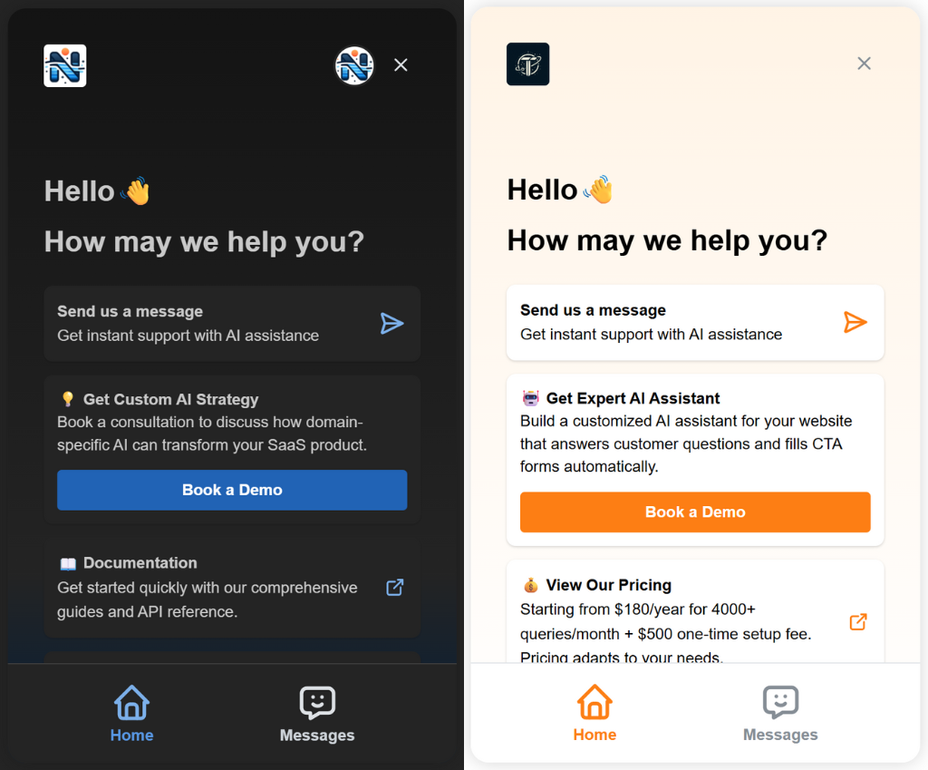 Side by side comparison of the AI chat widget in dark and light mode